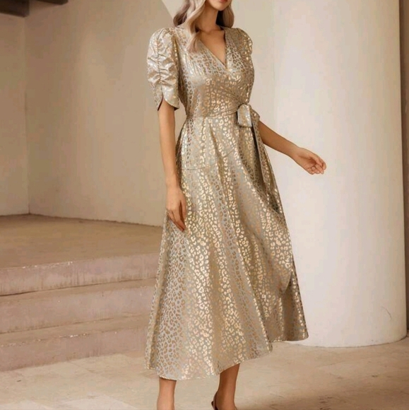 Women's Luxurious Wrap Long Dress With Foil Leopard Print And Tie Detail - Picture 1 of 4